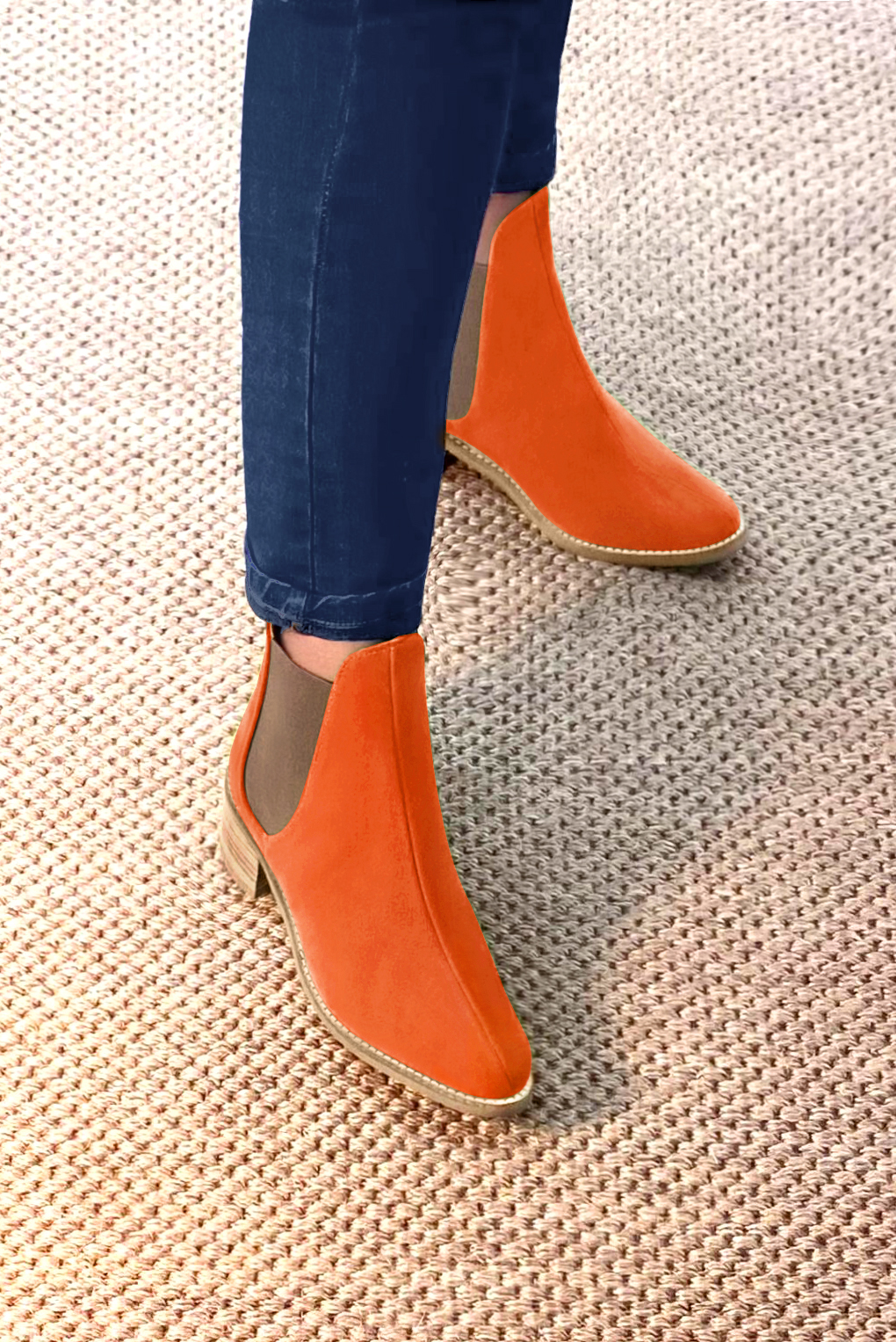 French elegance and refinement for these clementine orange and taupe brown dress booties, with elastics on the sides, 
                available in many subtle leather and colour combinations. This charming casual ankle boot will do you a lot of favours.
Easy to put on thanks to its side elastics, it will entertain your steps.
Personalise it or not, with your own colours and materials on the "My favourites" page.  
                Matching clutches for parties, ceremonies and weddings.   
                You can customize these ankle boots with elastics to perfectly match your tastes or needs, and have a unique model.  
                Choice of leathers, colours, knots and heels. 
                Wide range of materials and shades carefully chosen.  
                Rich collection of flat, low, mid and high heels.  
                Small and large shoe sizes - Florence KOOIJMAN